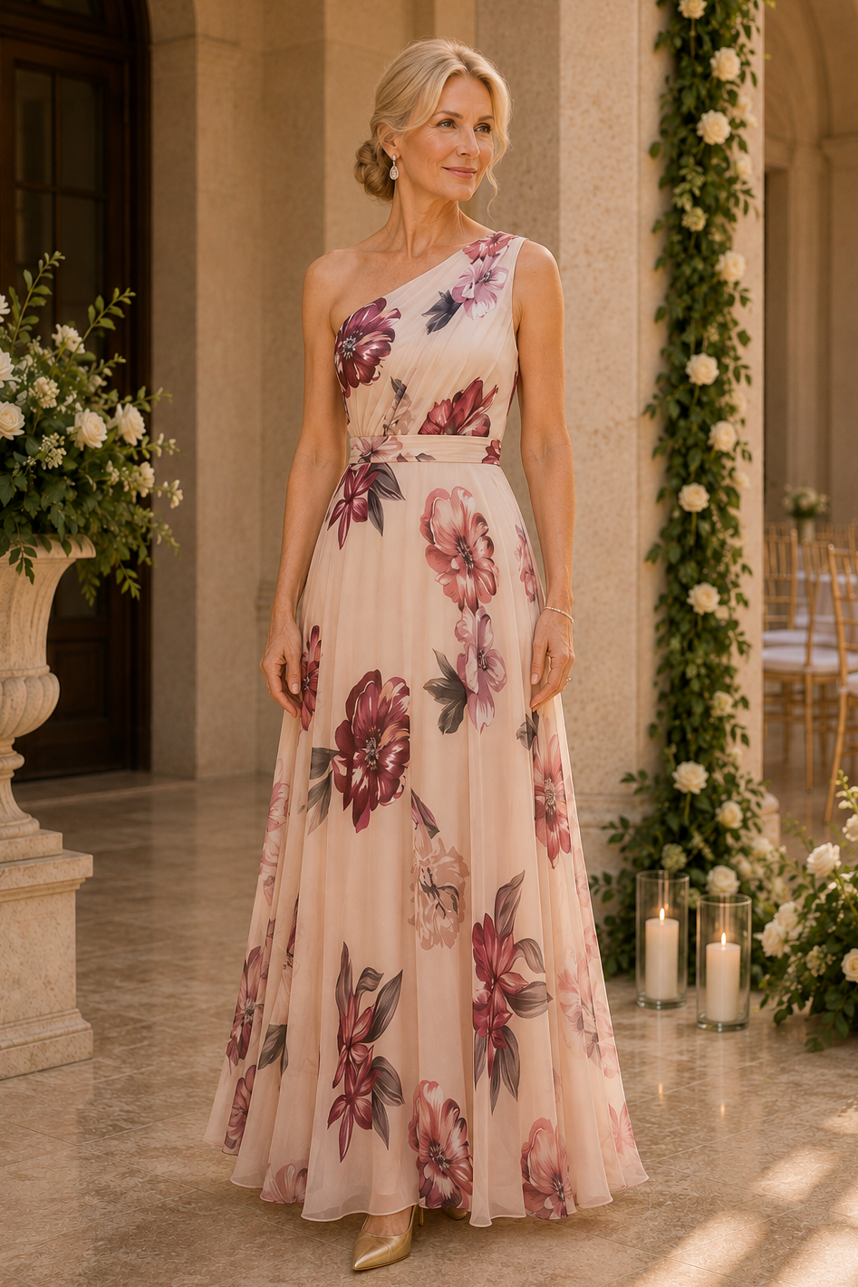Vestido largo acampanado con estampado floral y un solo hombro
