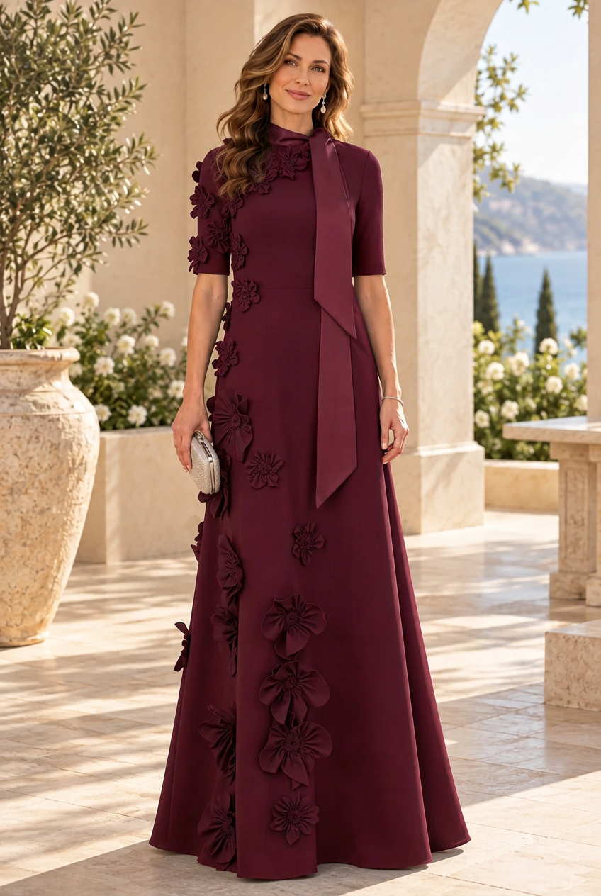 3D Floral High Neck A-Line Gown with Neck Tie