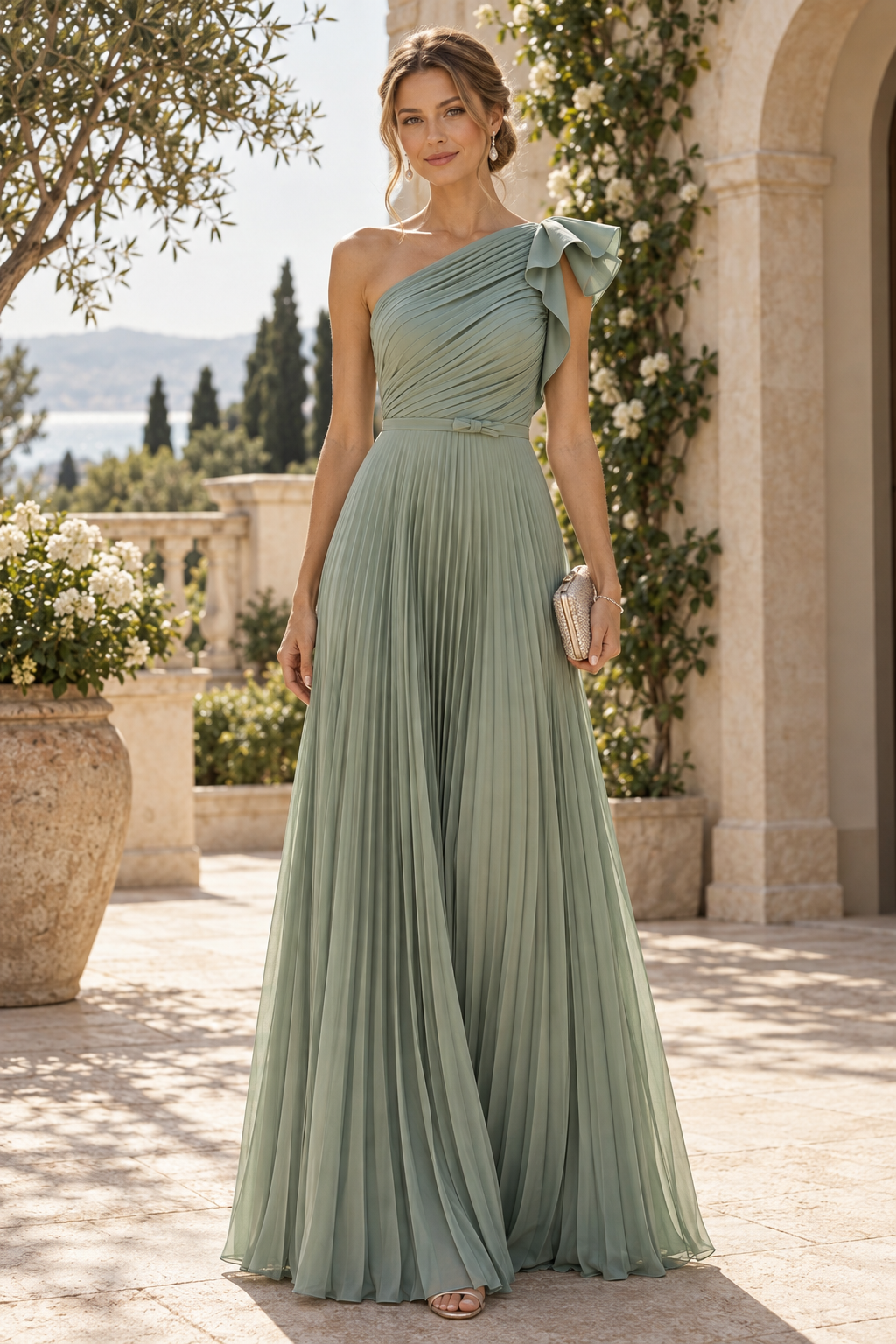 One-Shoulder Pleated A-Line Chiffon Maxi Gown