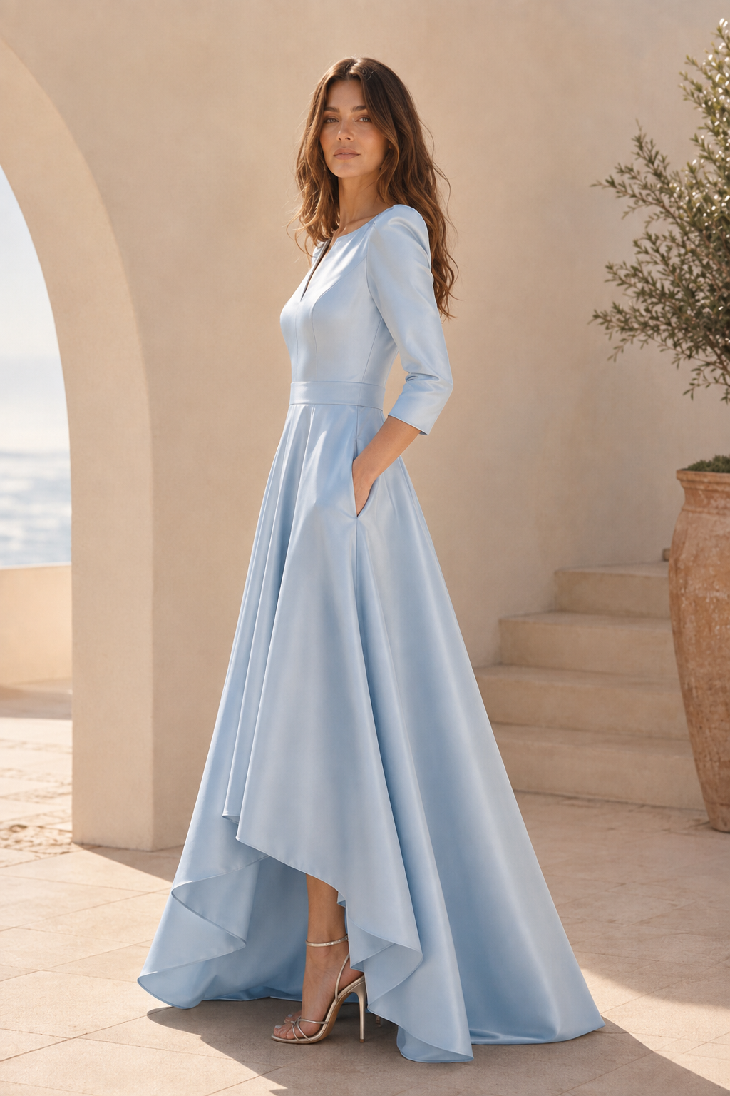 Vestido de raso acampanado con dobladillo alto-bajo y mangas 3/4