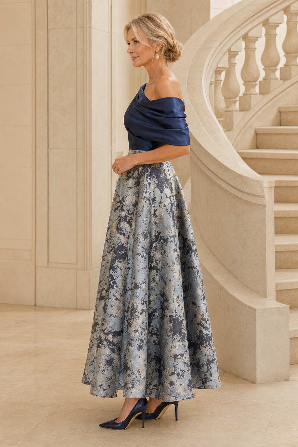 Vestido drapeado de jacquard de satén con escote asimétrico y falda en A