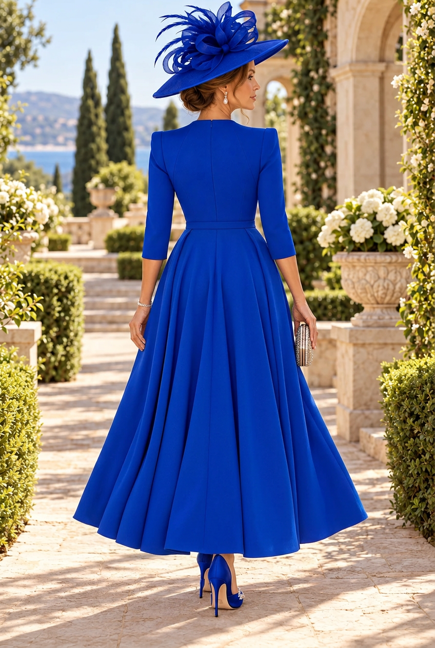 Midi Sheath Dress with Overskirt and 3/4 Sleeves