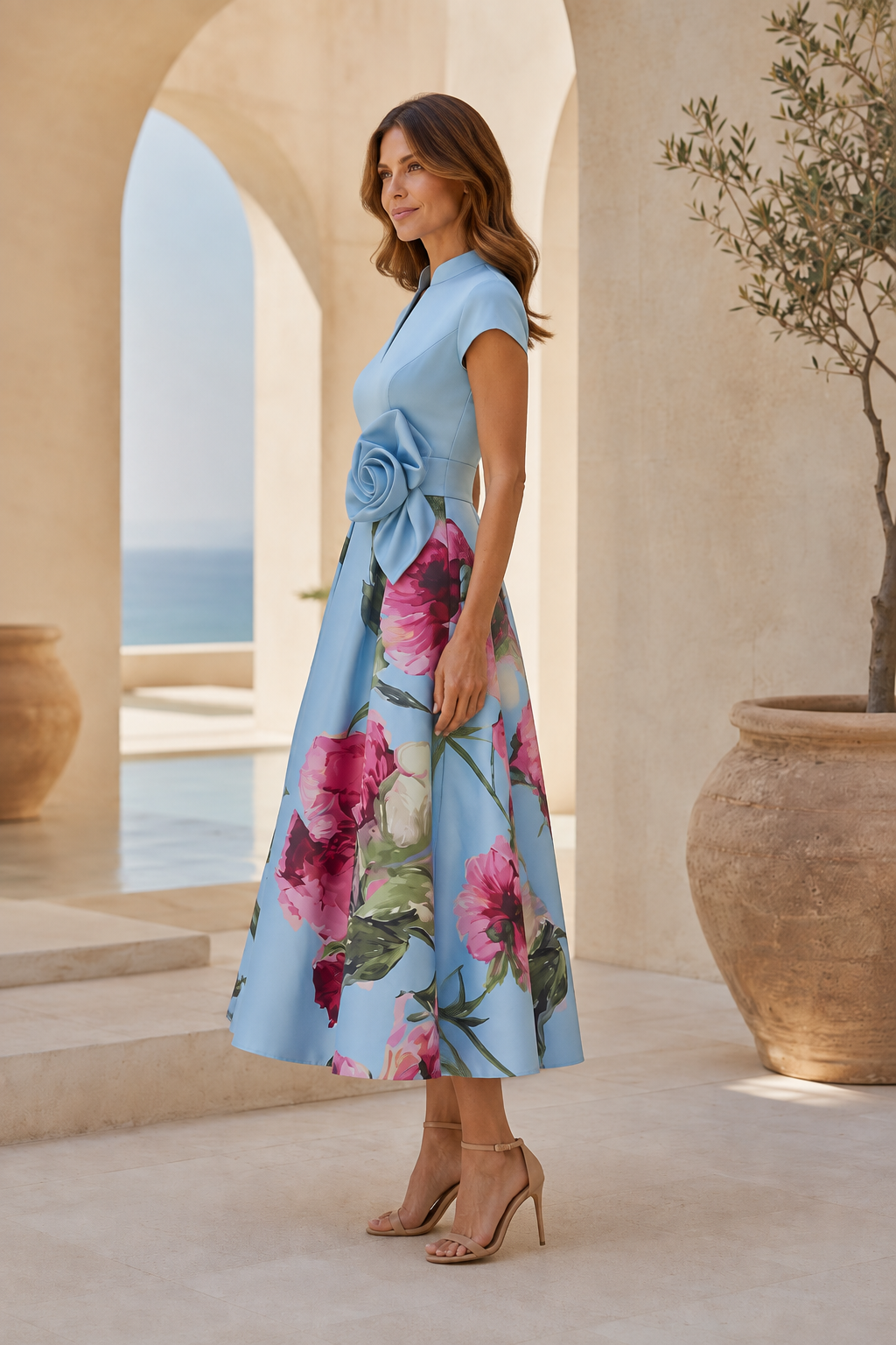 Vestido midi ajustado y con vuelo de estampado floral con cintura de flores