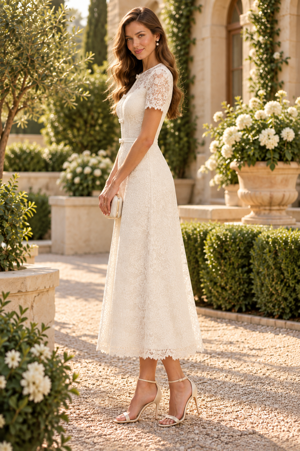 Lace Short Sleeve A-Line Tea-Length Dress