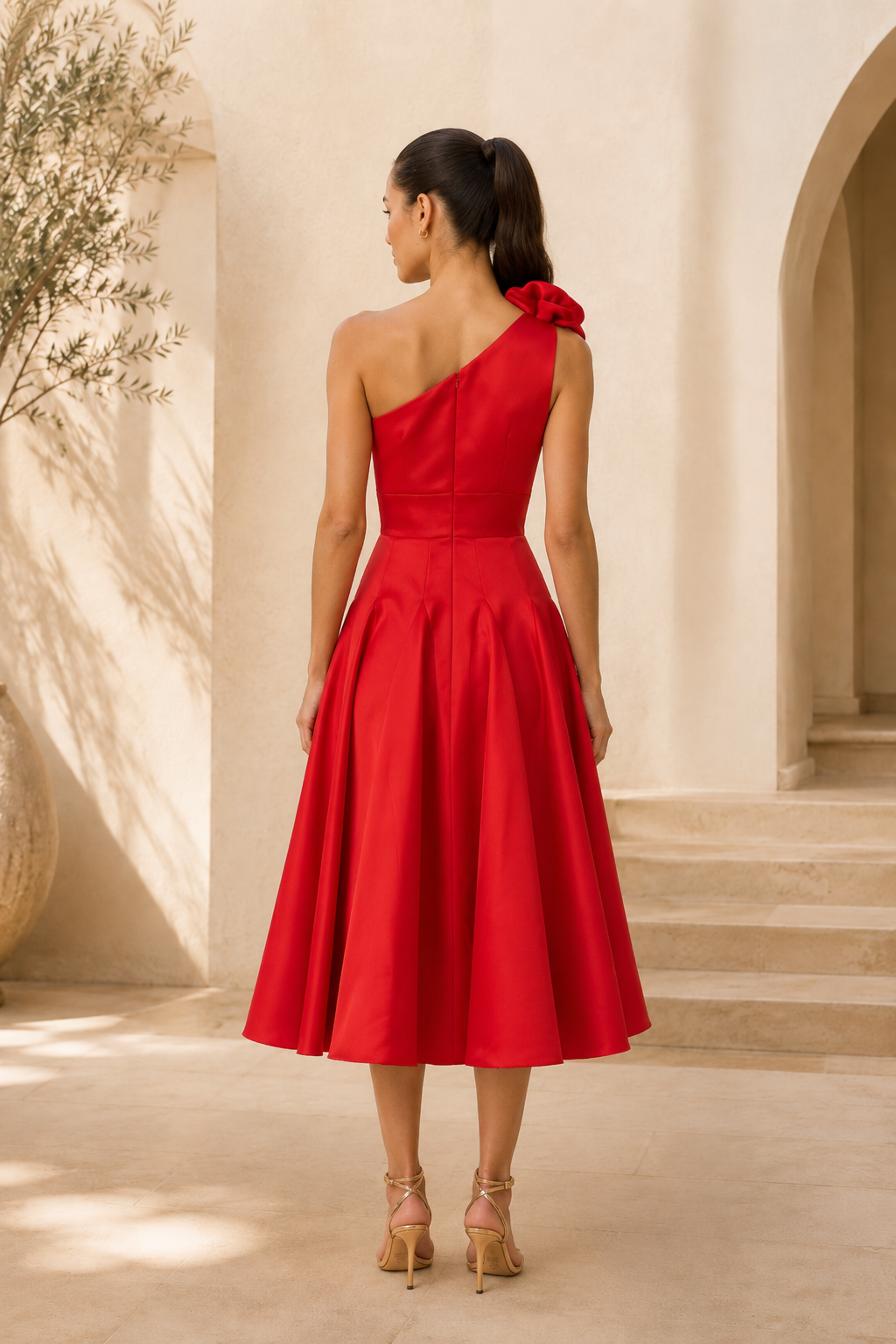 Vestido midi de satén asimétrico con detalle de rosa