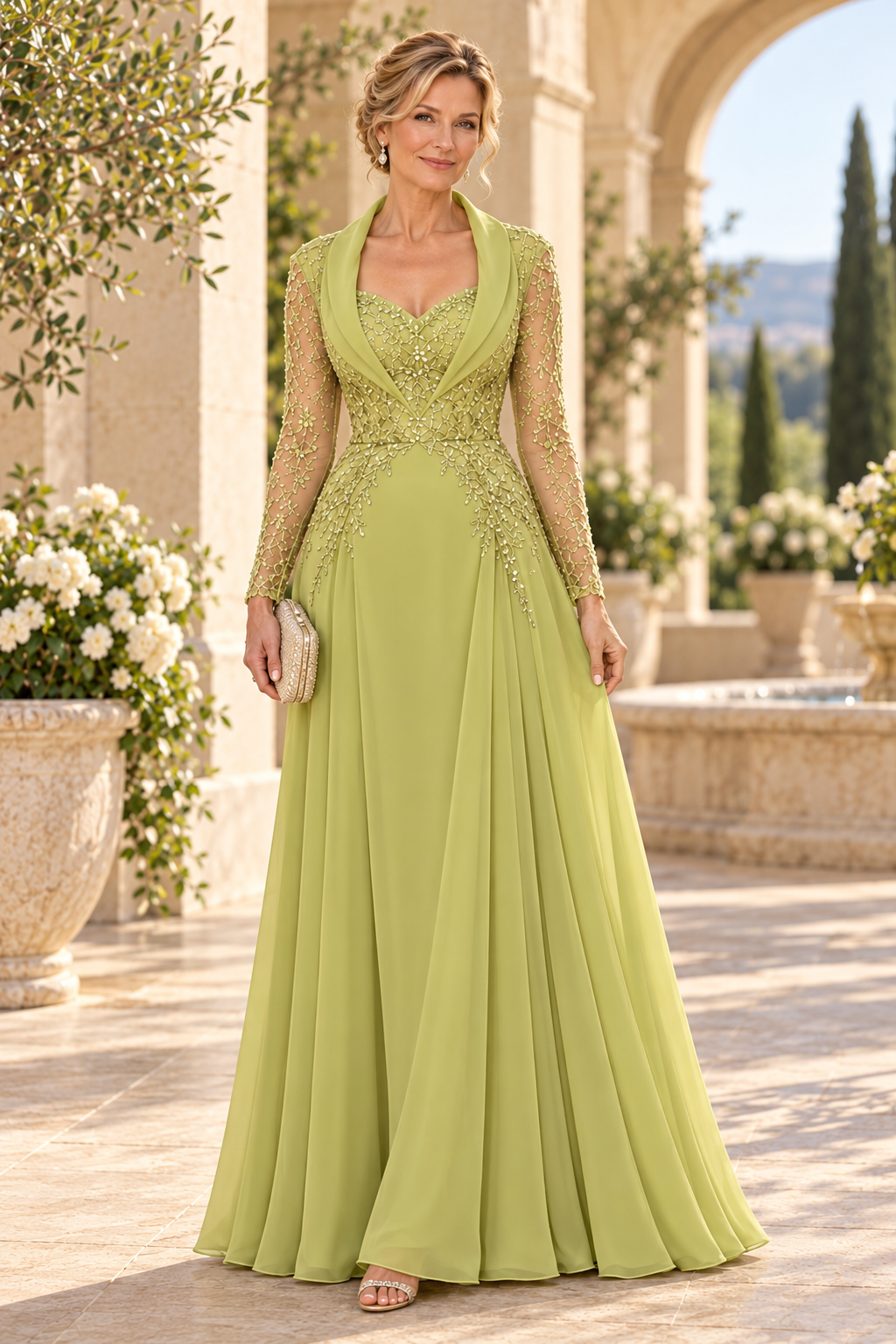 Beaded A-Line Gown with Shawl Collar & Sleeves