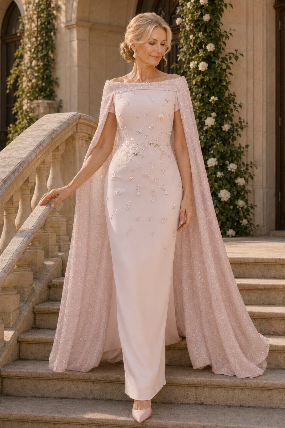 Vestido Columna con Cuentas y Capa Brillante