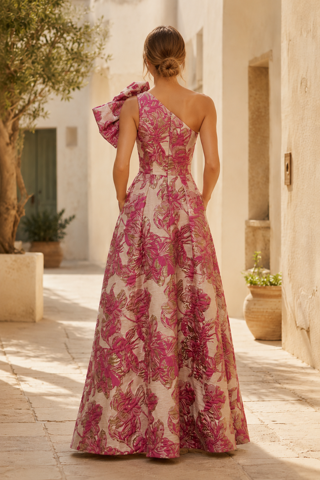 Vestido de fiesta floral de brocado con un solo hombro