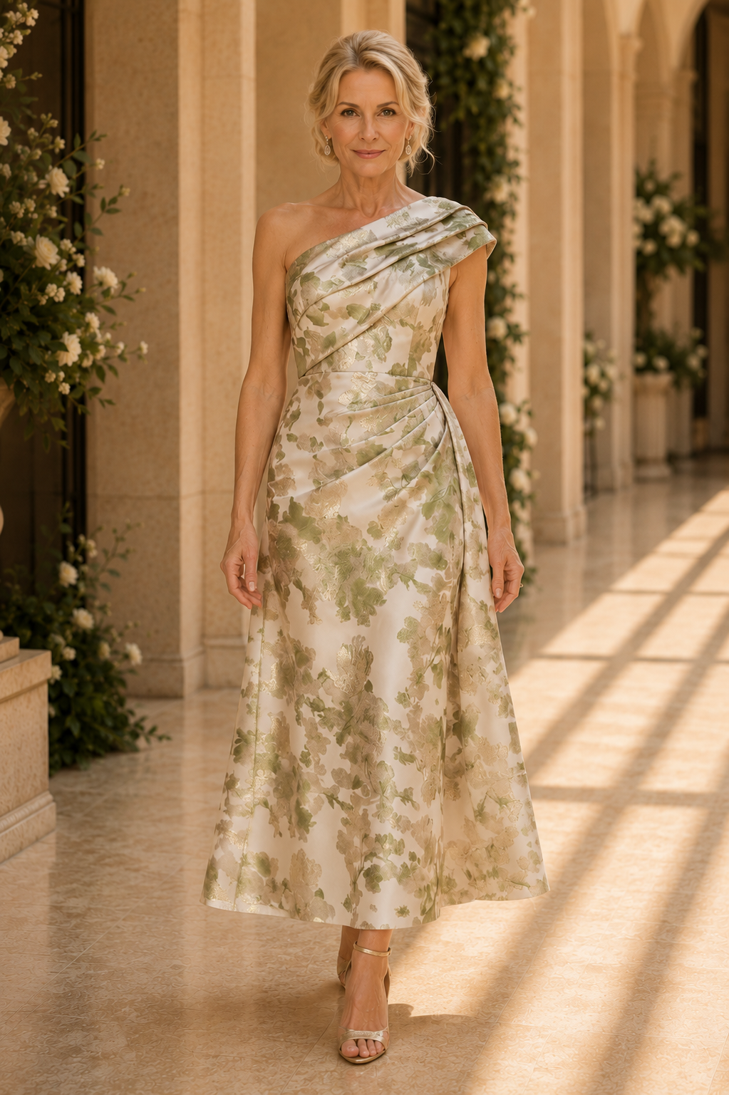 Vestido estilo jacquard floral asimétrico hasta el tobillo