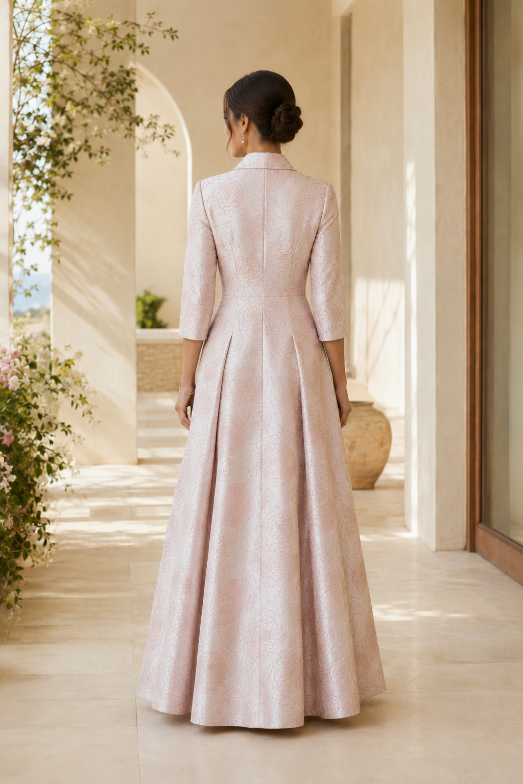 Vestido con vuelo de jacquard floral con flor 3D