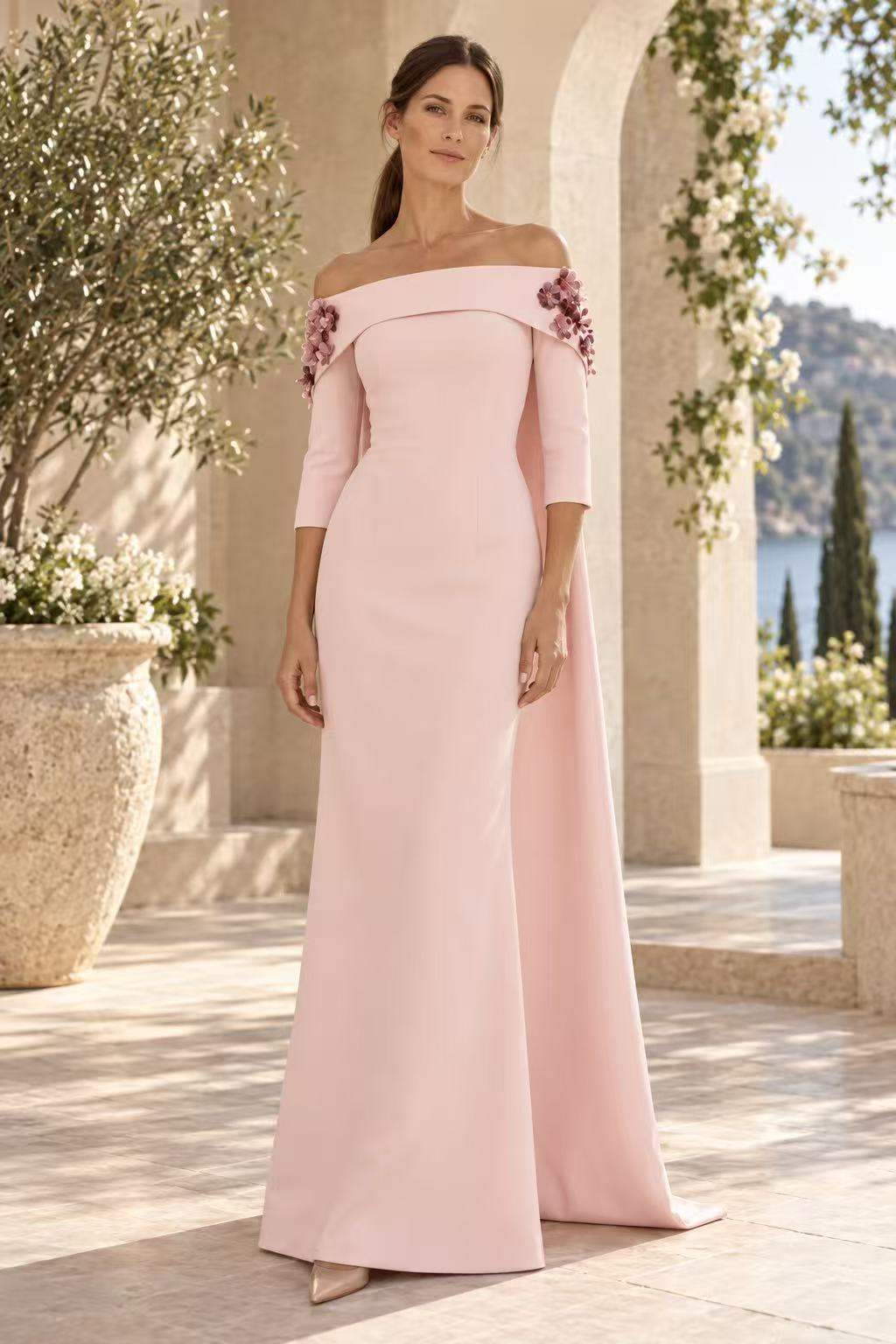 Off-the-Shoulder Cape Back Gown with 3D Flowers