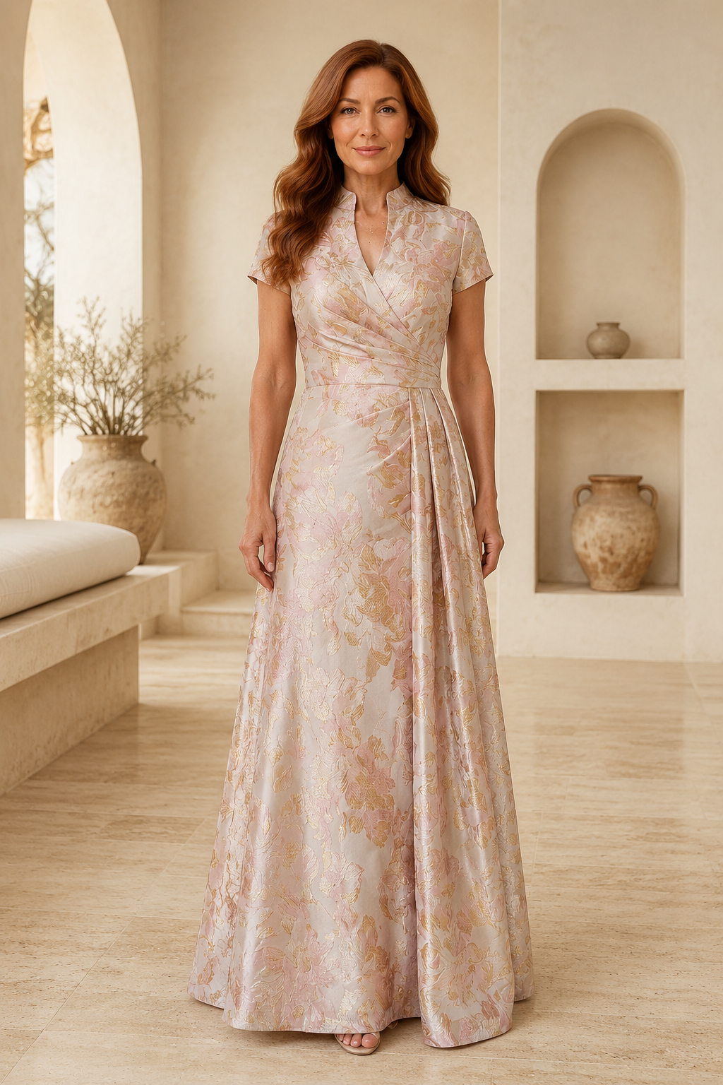 Vestido cruzado de línea A en jacquard floral con cuello alto
