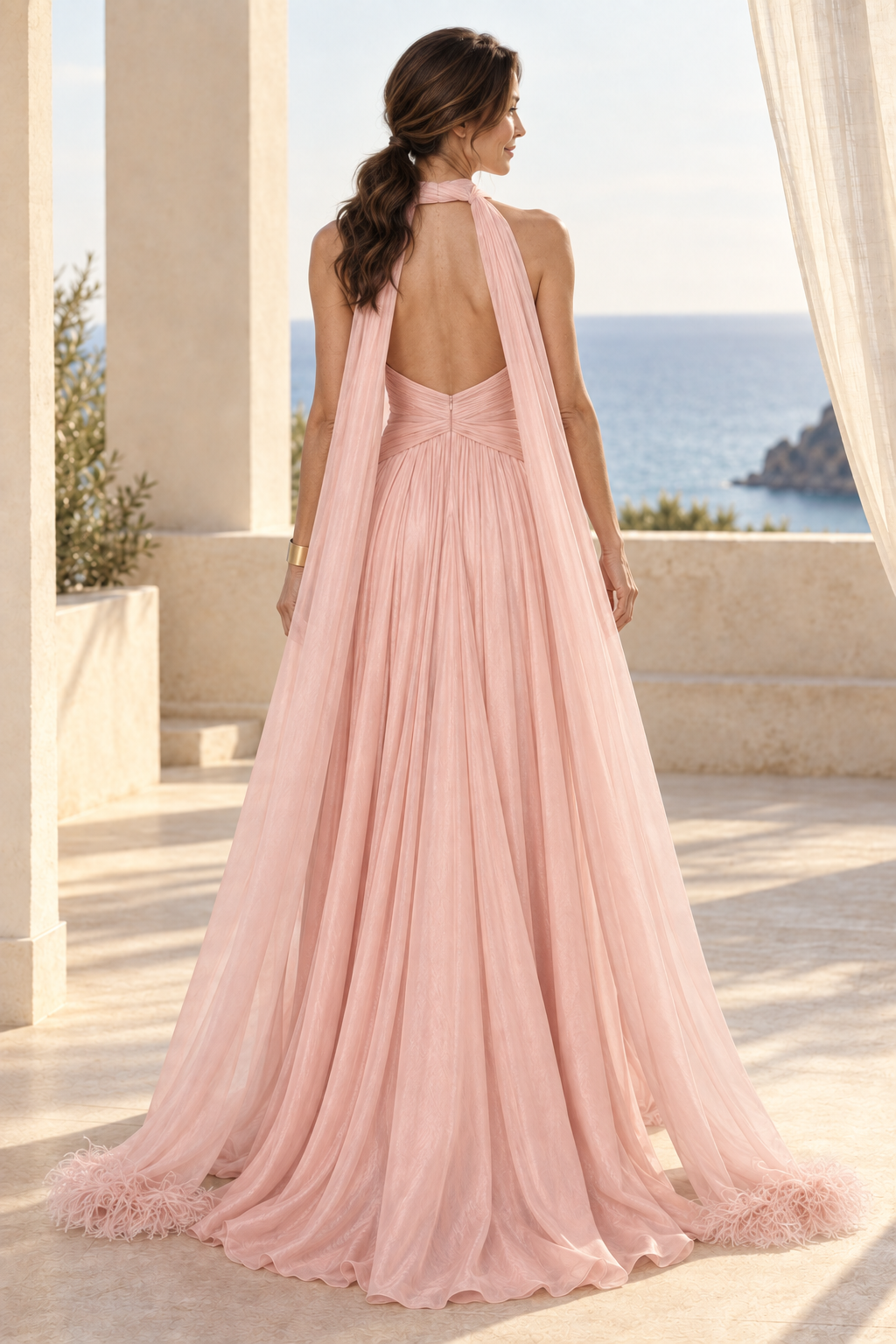 Halter Pleated A-Line Gown with Feather Cape