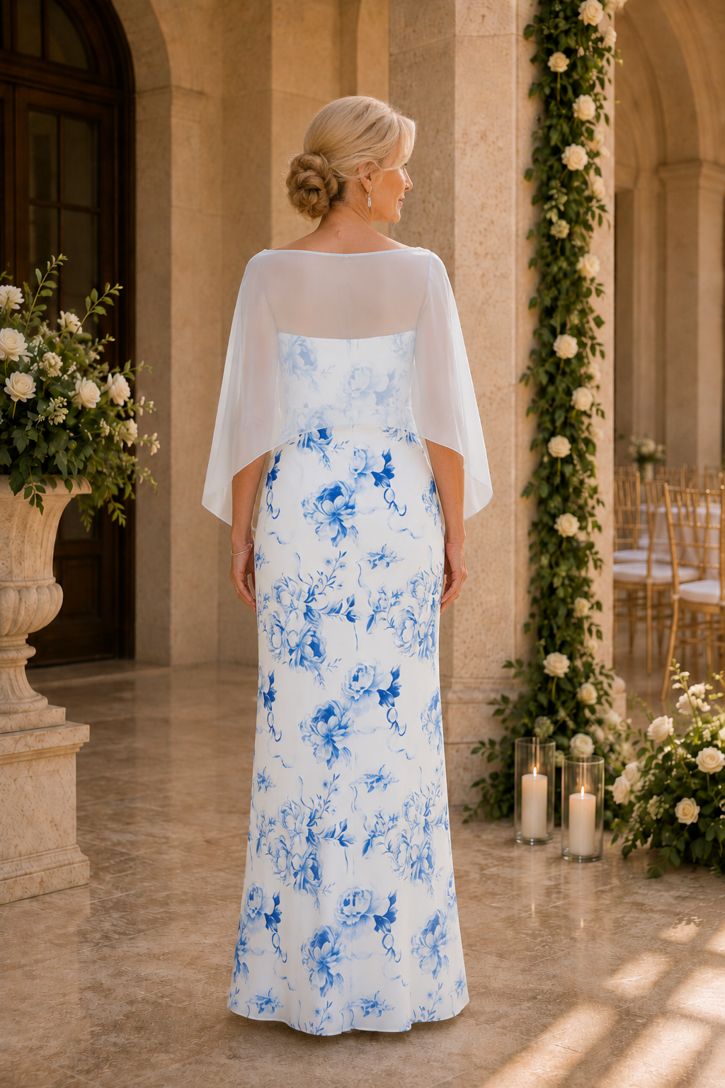 Vestido de columna floral con capa corta transparente