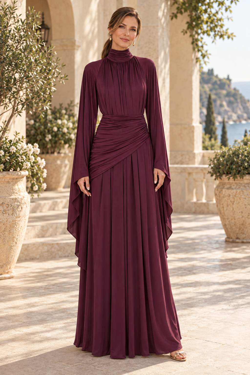 High-Neck Long Sleeve Ruched Evening Gown