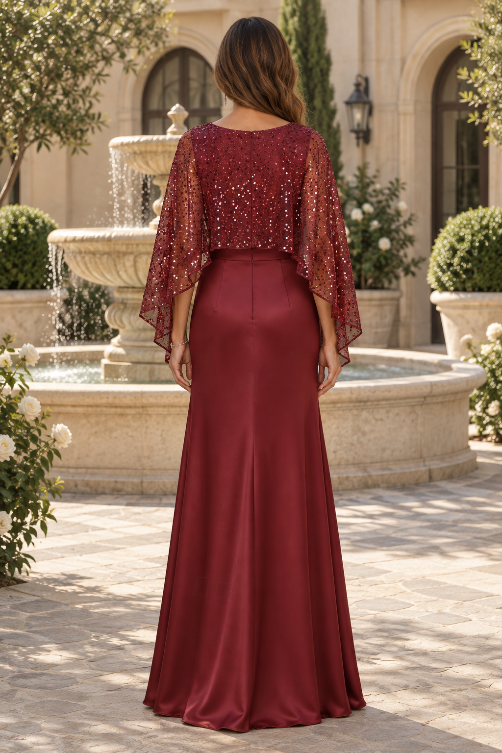 Vestido de noche de satén con capelina de lentejuelas