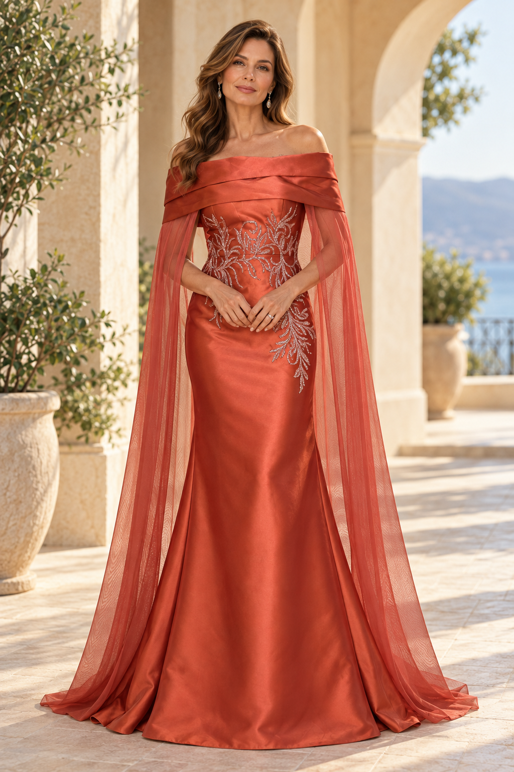 Off-Shoulder Mermaid Gown with Cape & Embroidery