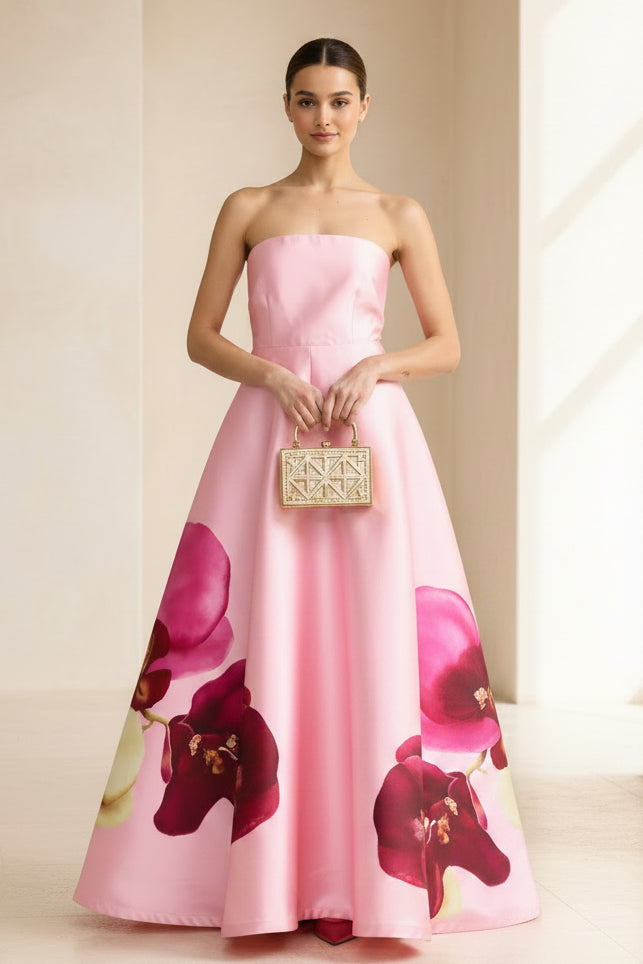 Vestido de Noche A-Line de Satén sin Tirantes con Estampado Floral