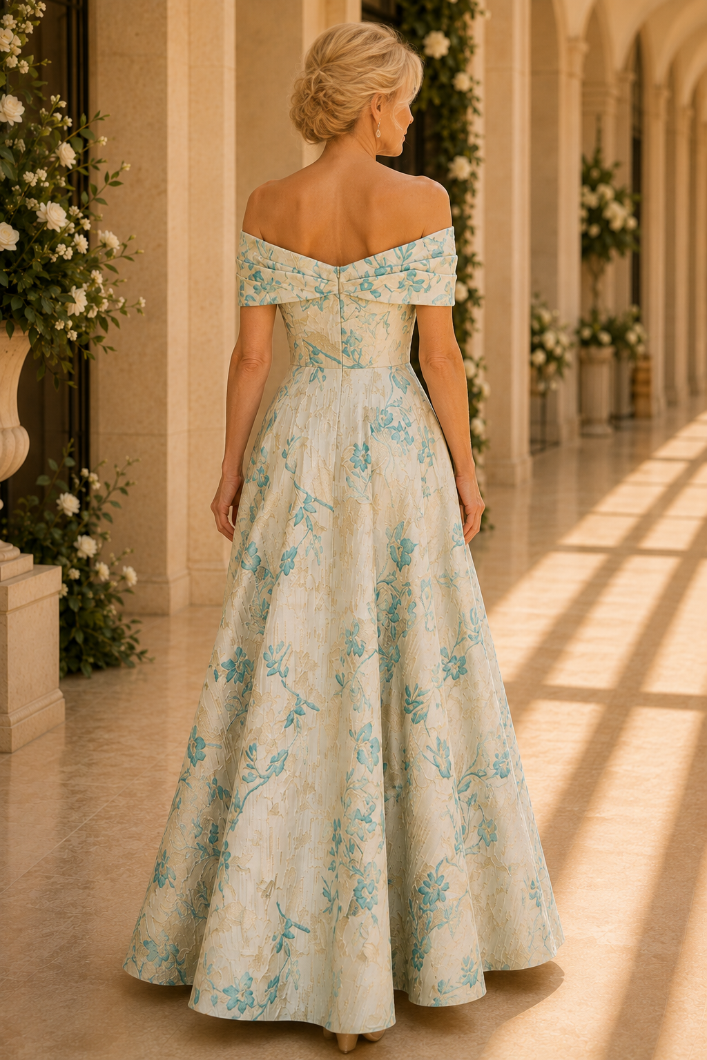 Vestido de gala línea A con escote al hombro y jacquard floral