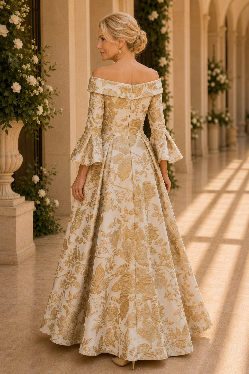 Vestido de noche de línea A de brocado con hombros descubiertos