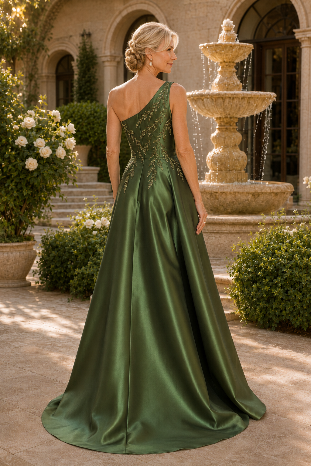 Vestido de Noche Largo de Satén Línea A con Un Hombro y Cuentas