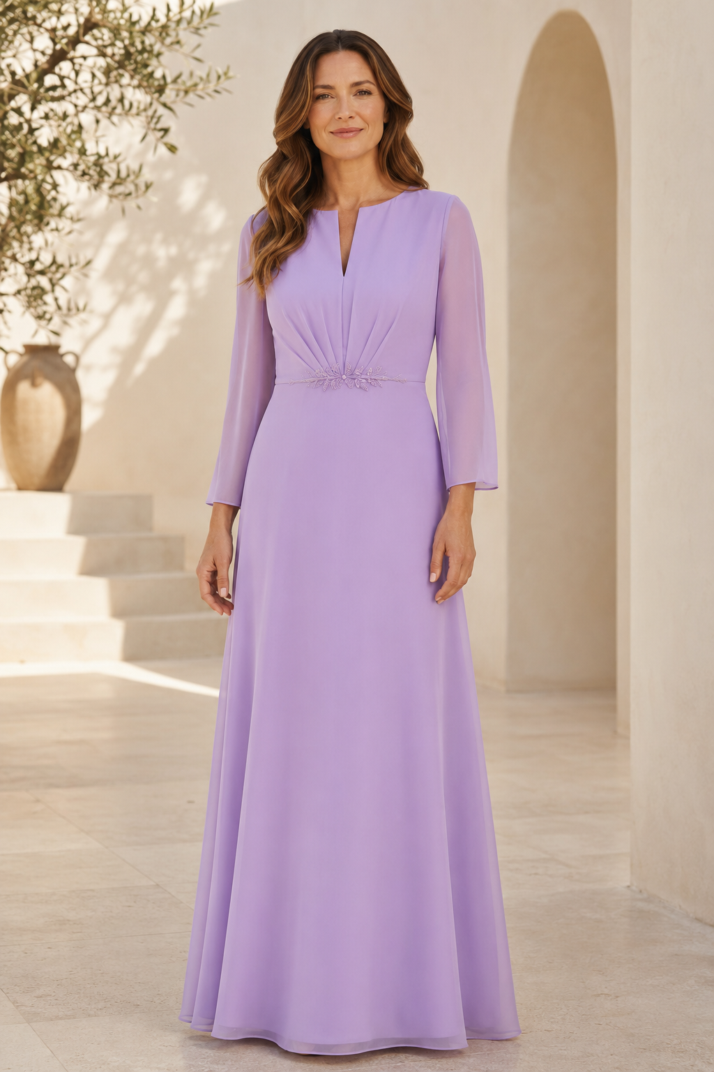 Vestido de noche de gasa plisada con silueta en A y mangas