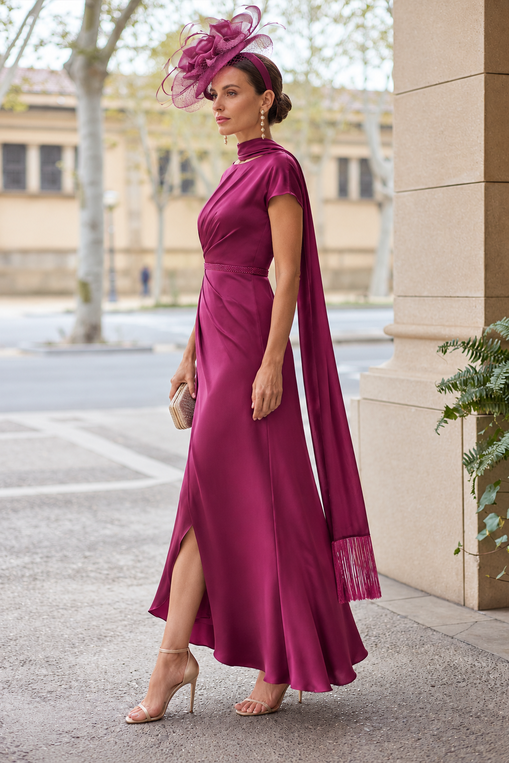 Pleated Column Gown with Scarf and Slit