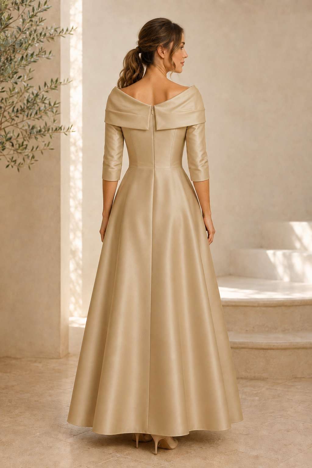 Vestido acampanado con apliques, escote barco y manga francesa