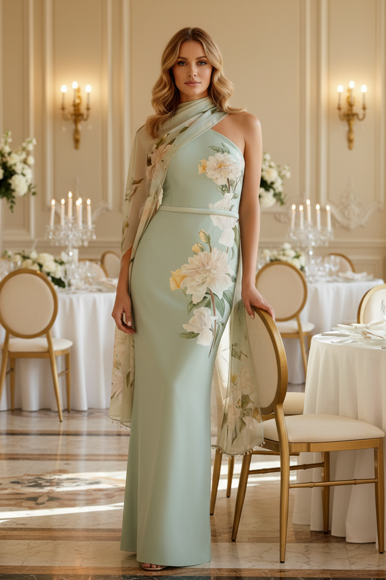 Vestido de noche estilo columna con capa floral de un solo hombro