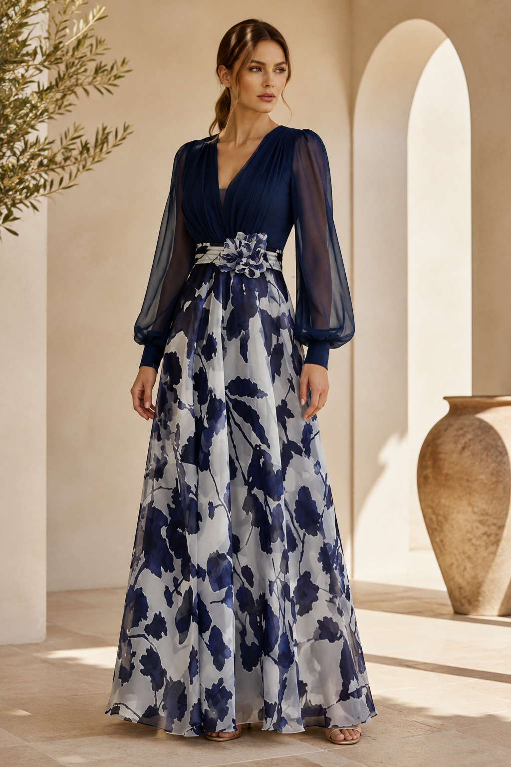 Vestido de noche acampanado con cuello en V y estampado floral