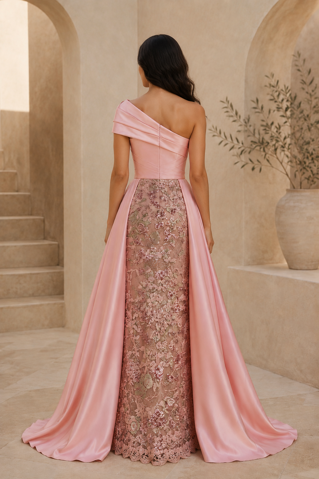 Vestido de noche con lentejuelas florales de un solo hombro y sobrefalda de satén