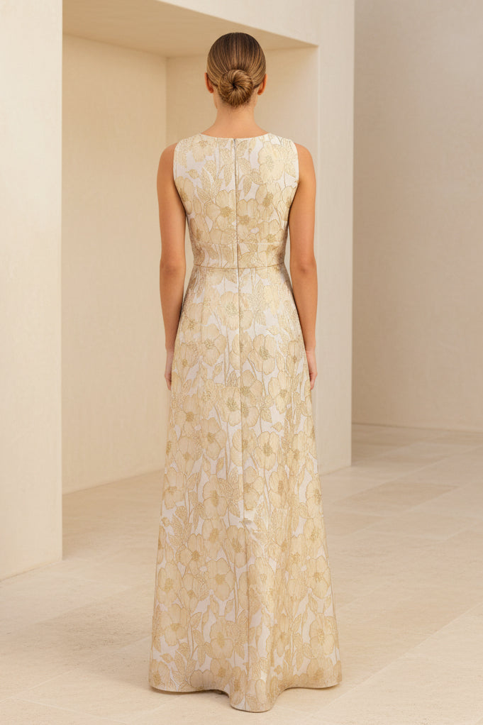 Vestido acampanado sin mangas de jacquard floral