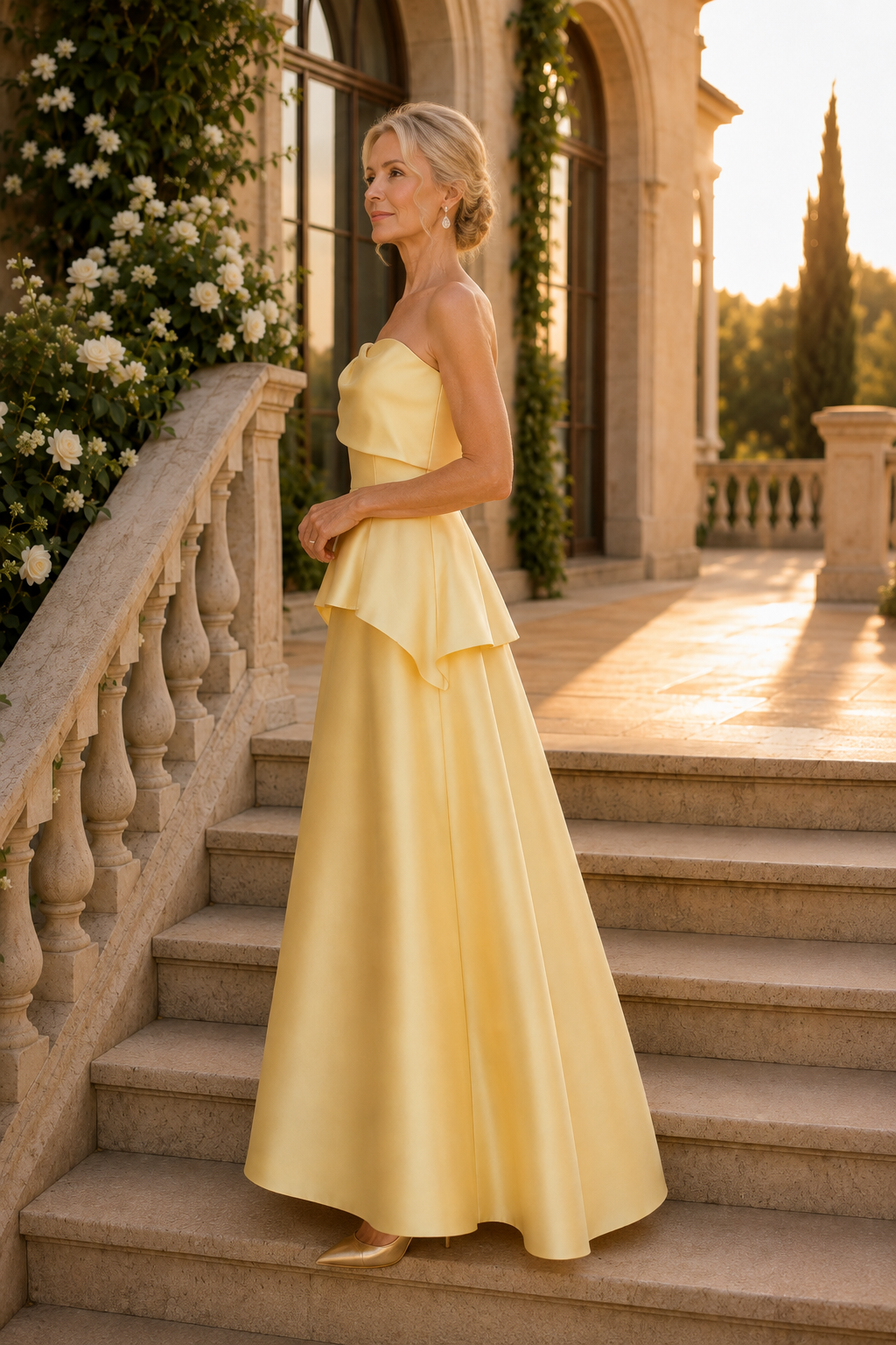 Vestido de Noche A-Line con Peplum y sin Tirantes