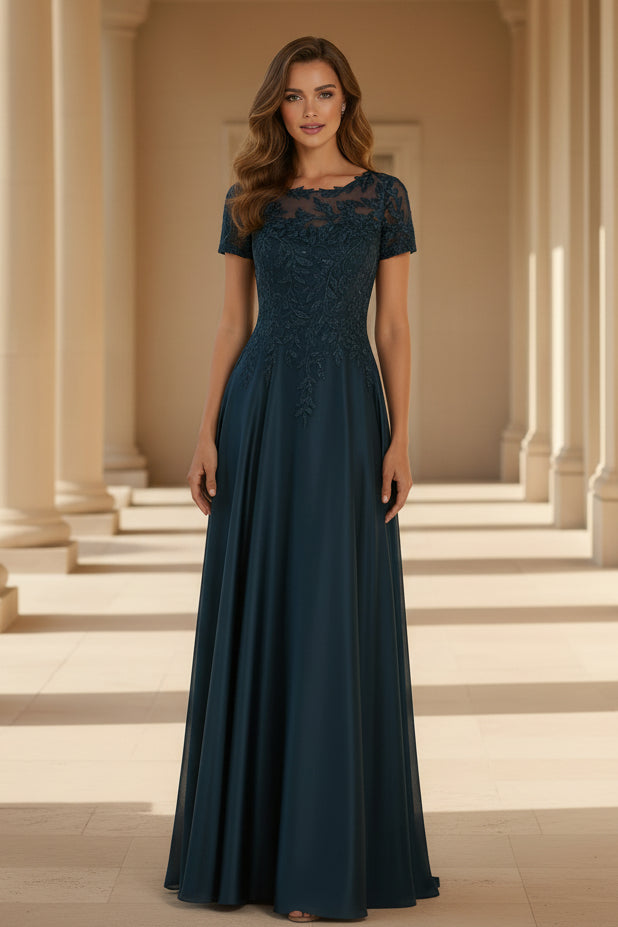 Vestido de Noche Formal de Satén Línea A Largo hasta el Suelo con Aplicaciones de Encaje