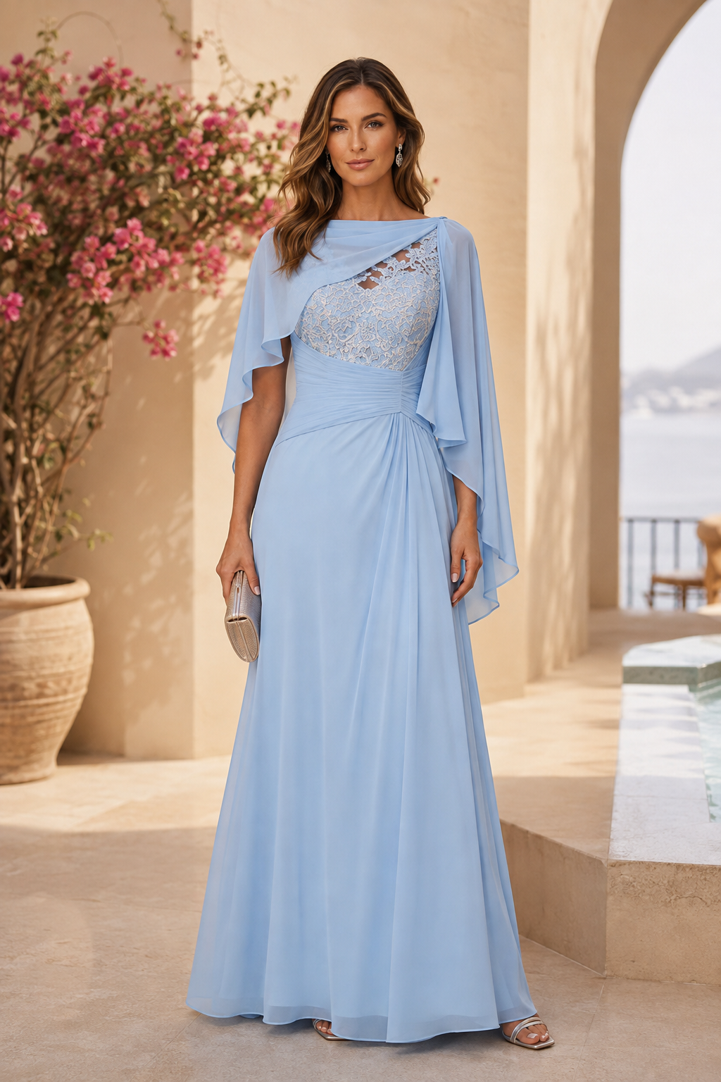 Vestido de Gasa con Cuerpo de Encaje y Capa Asimétrica