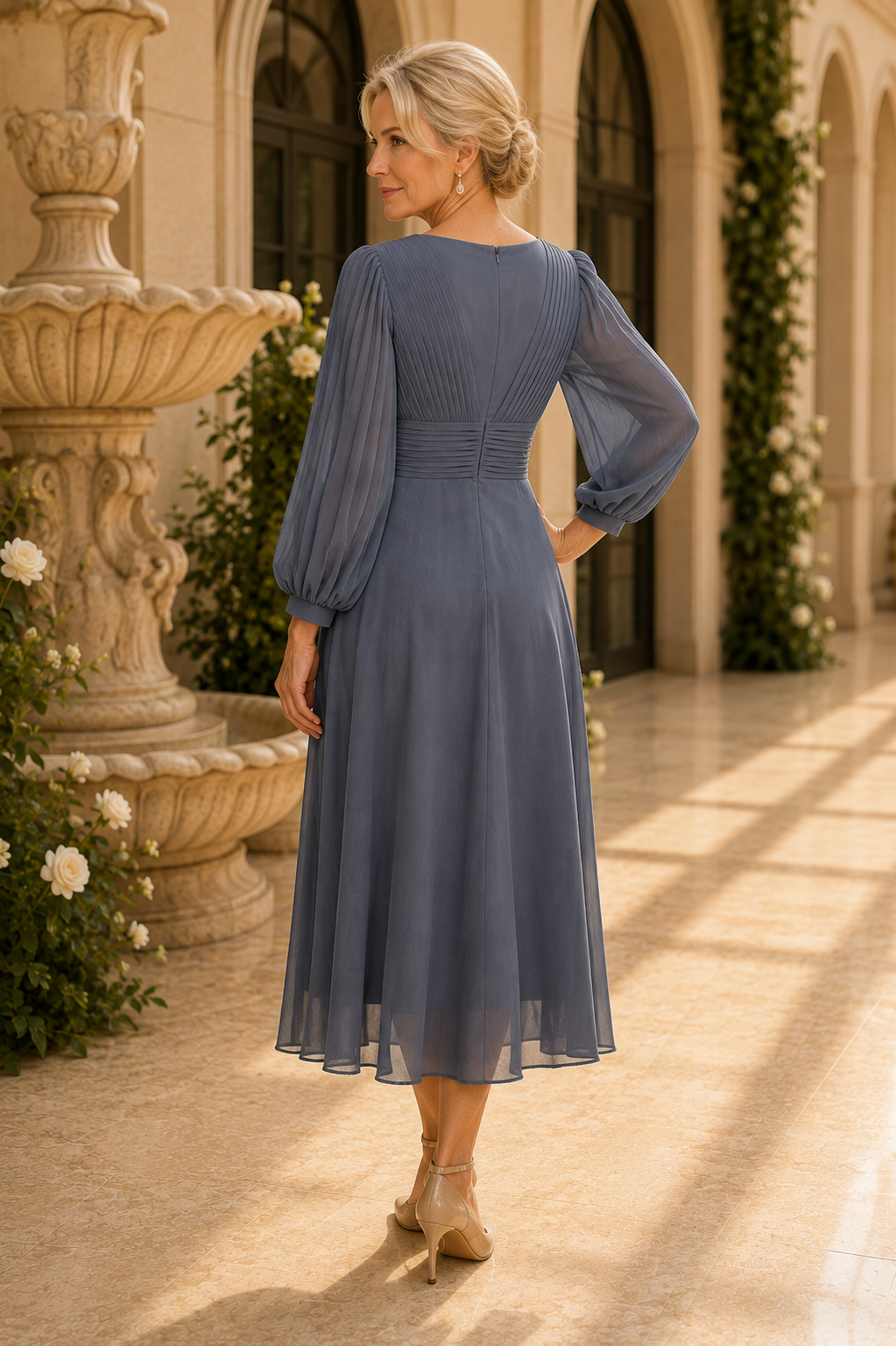 Vestido Midi con Escote en V, Plisado y Mangas Largas de Gasa
