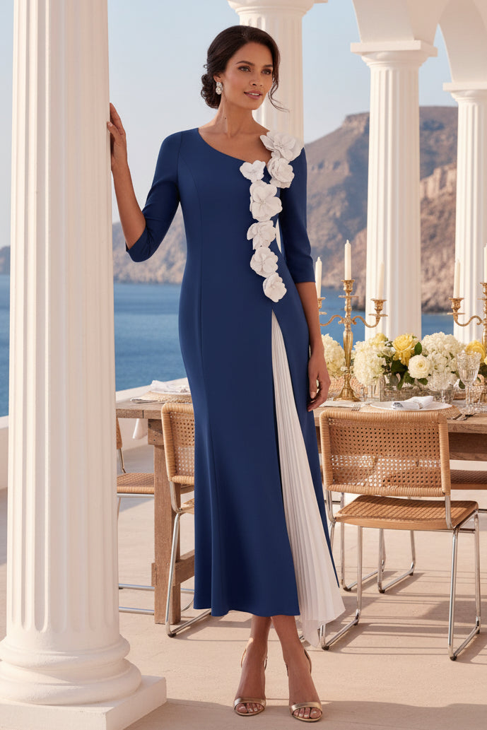Vestido Asimétrico de Largo Midi con Flores 3D y Manga Tres Cuartos