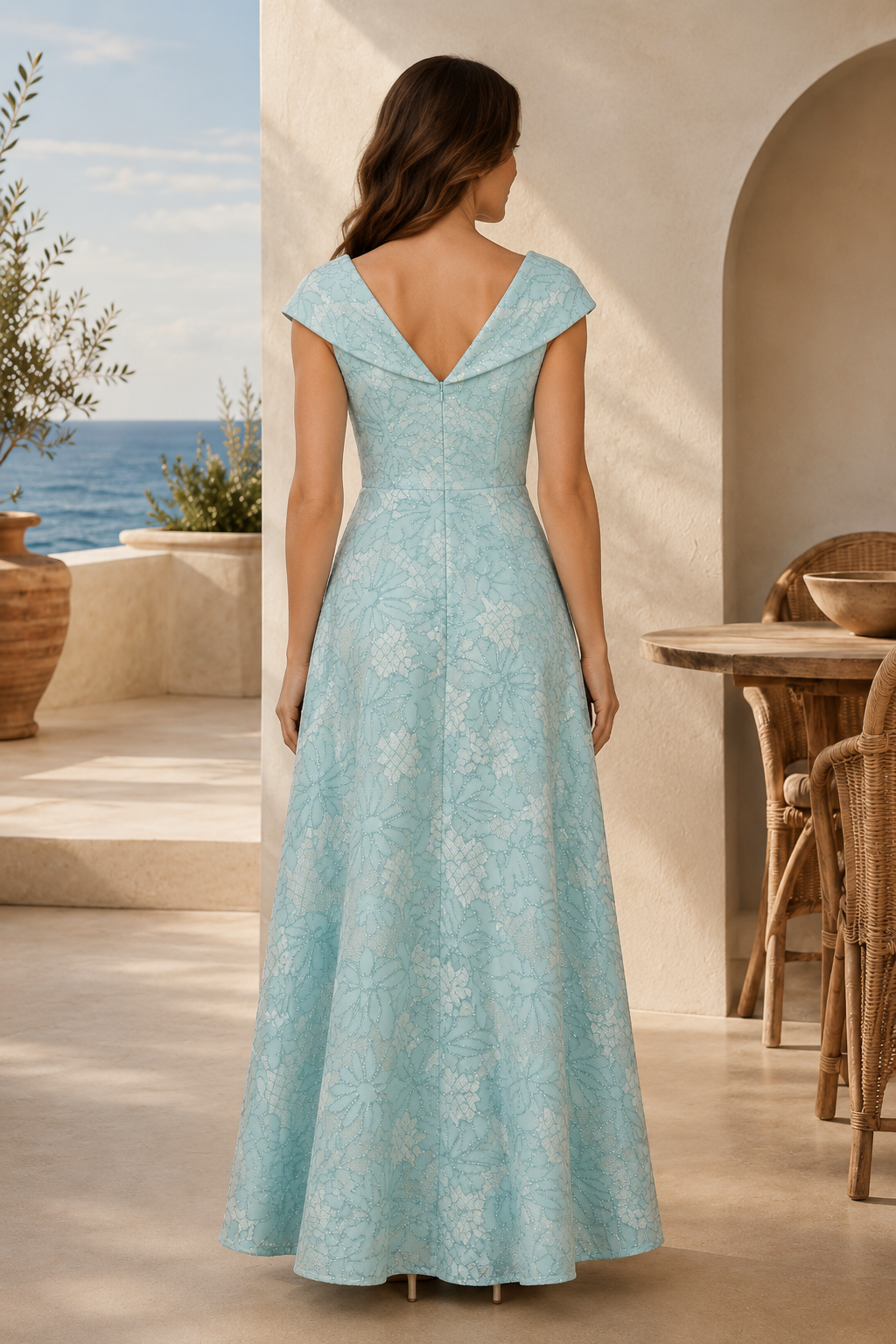 Vestido de Noche A-Line con Jacquard Floral y Hombros Caídos