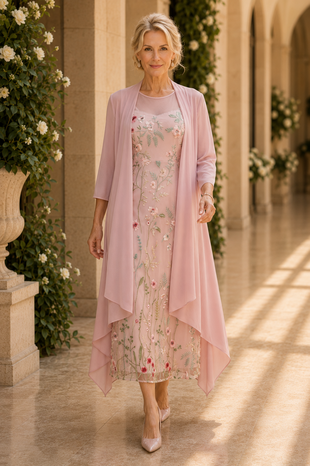 Vestido midi bordado floral con chaqueta guardapolvo