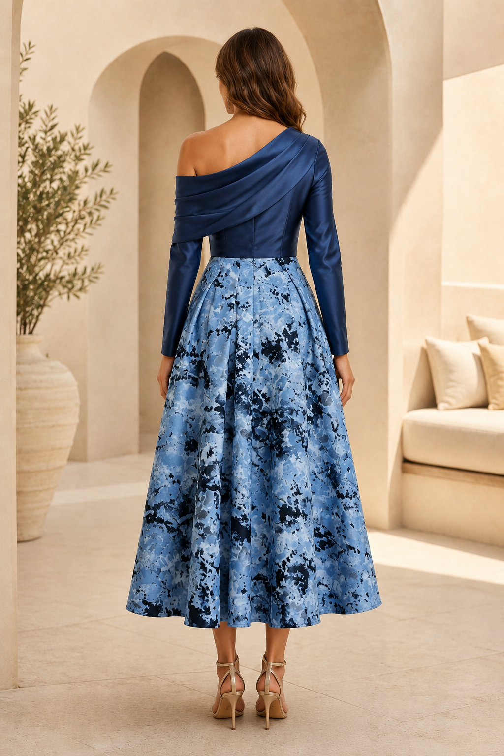 Vestido midi asimétrico de manga larga y un solo hombro
