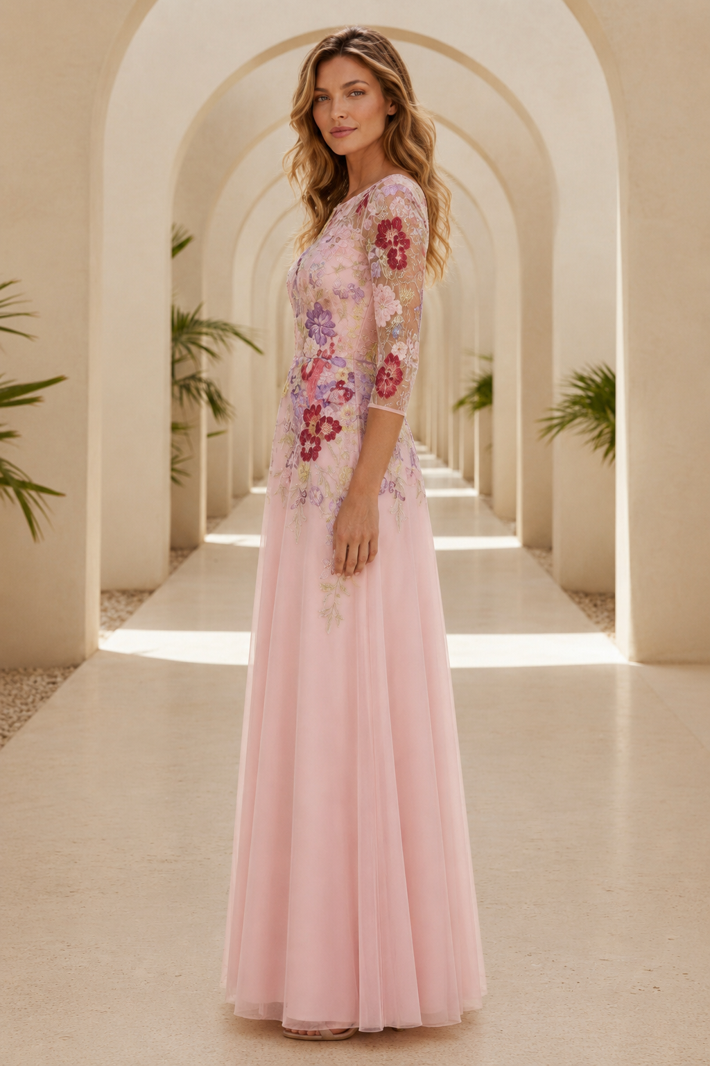 Vestido de Noche Acampanado de Tul con Bordado Floral y Manga 3/4