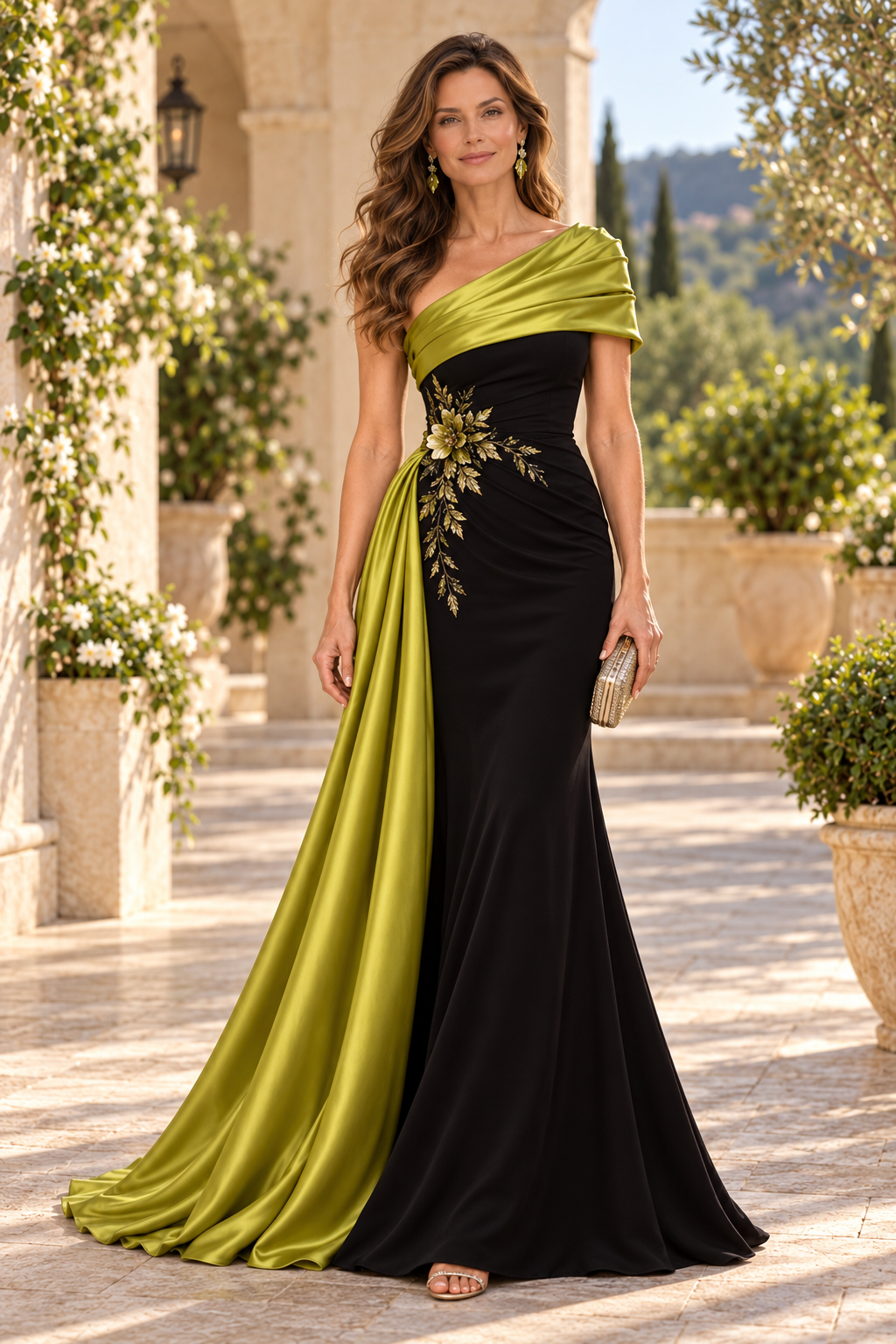 One-Shoulder Gown with Side Drape & Applique
