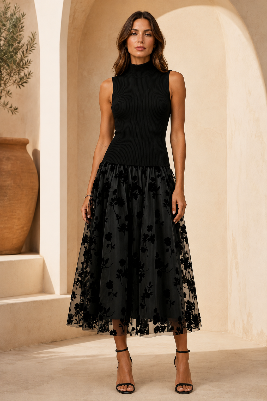 Vestido midi de cuello alto de punto acanalado con falda de tul