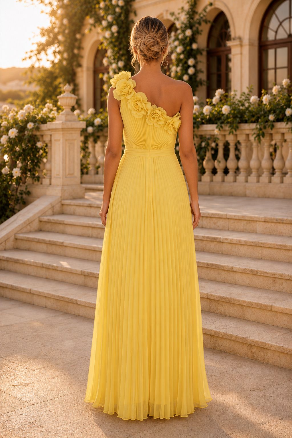 Vestido largo plisado en línea A con estampado floral y un solo hombro