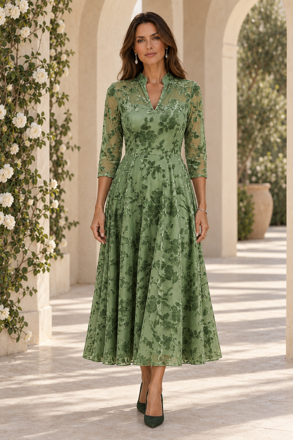 Vestido midi acampanado de terciopelo floral con manga 3/4