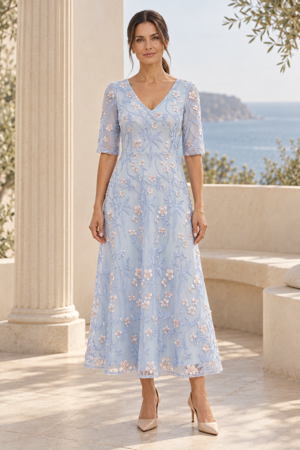 Floral 3D Appliqué A-Line Midi Dress