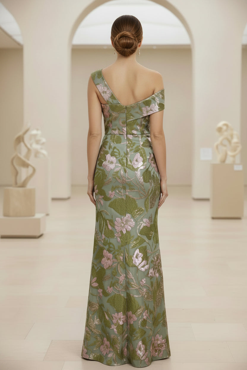 Vestido de noche largo jacquard floral con abertura y un solo hombro