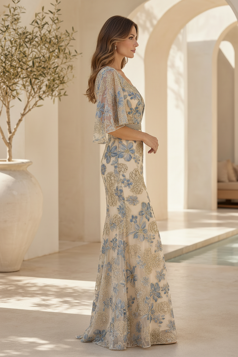 Vestido de noche estilo trompeta con bordado floral y mangas con volantes