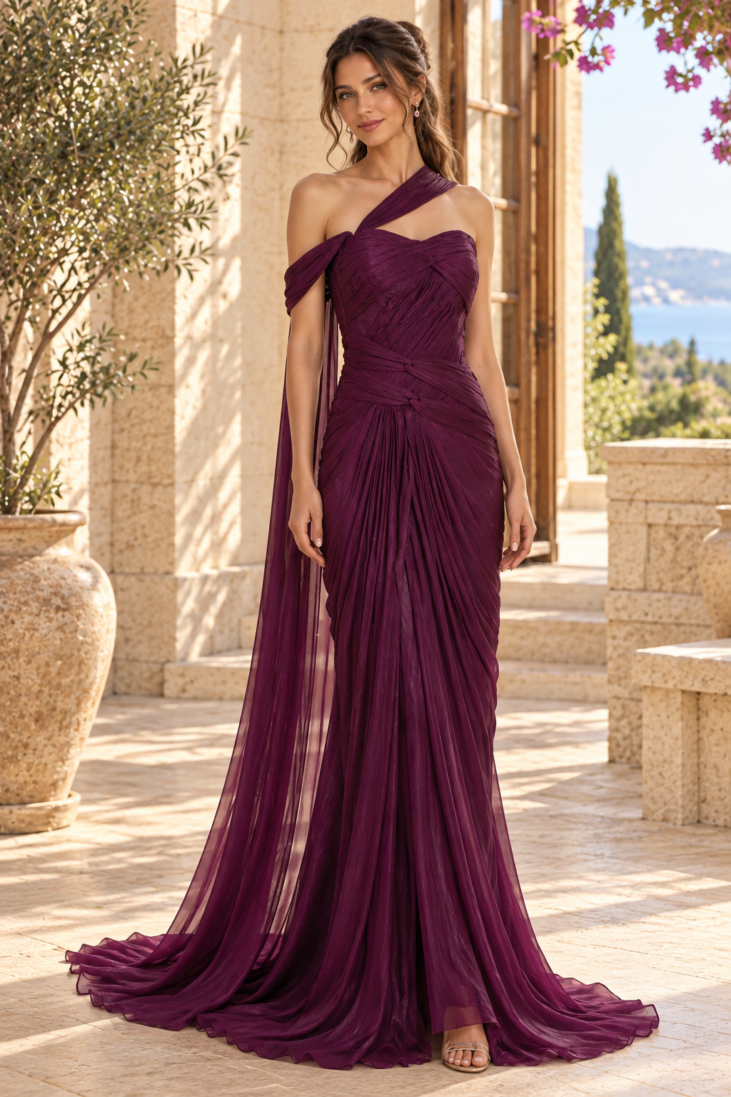 Pleated Asymmetrical Gown with Drape Cape