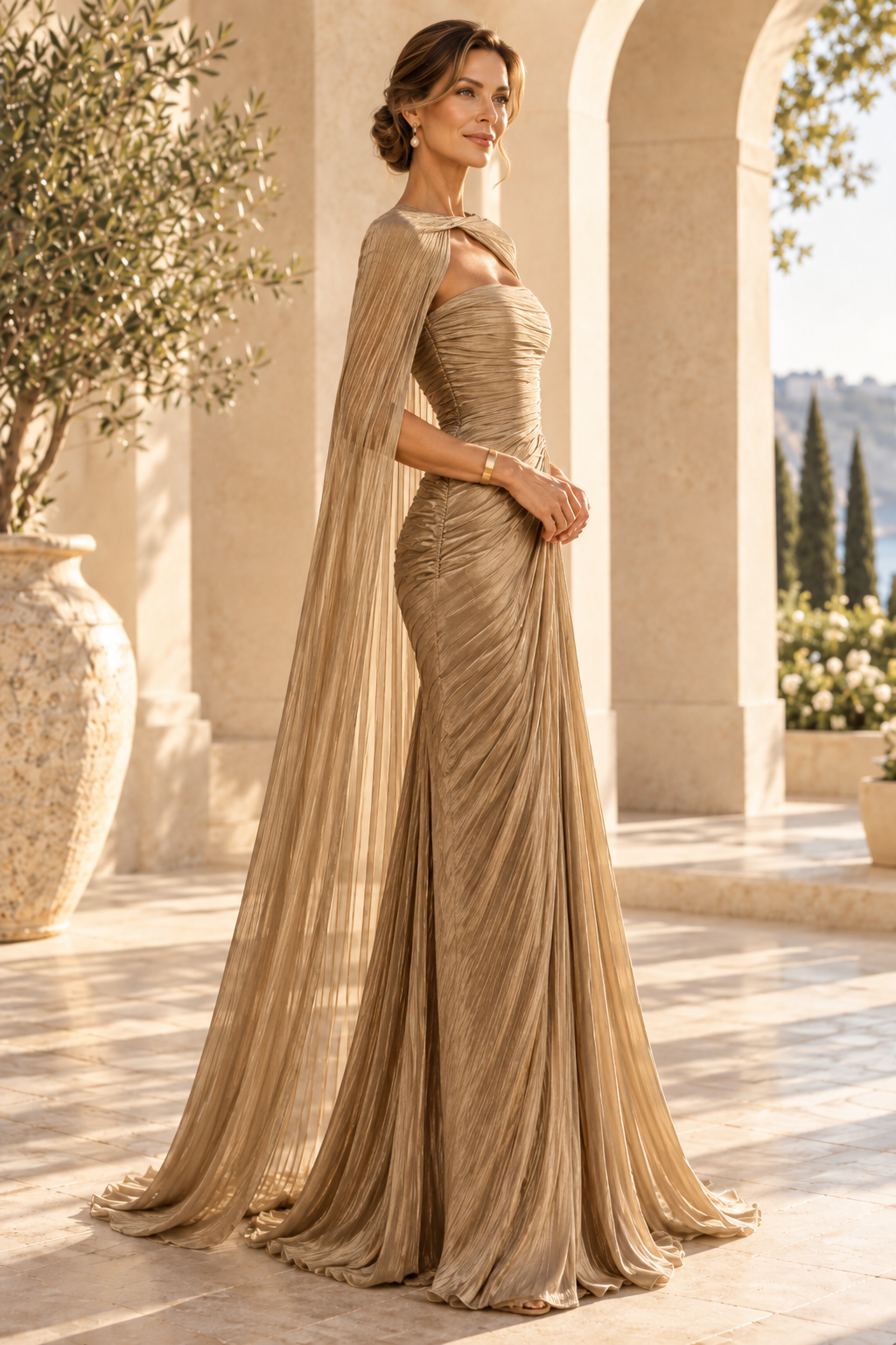 Pleated Cape Evening Gown with Keyhole Neckline